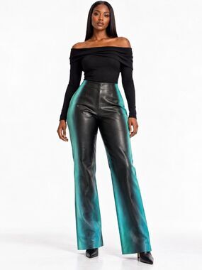 Hanifa Black Teal Ombre Faux Leather High Rise Flared Pants Size Medium NWT